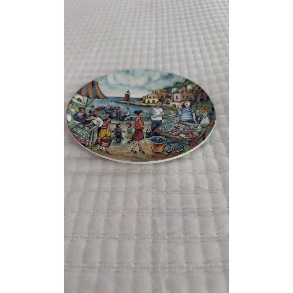 Vintage Effetti d'Arte Italy Ceramic Coastal Market Scene‎ Plate 8